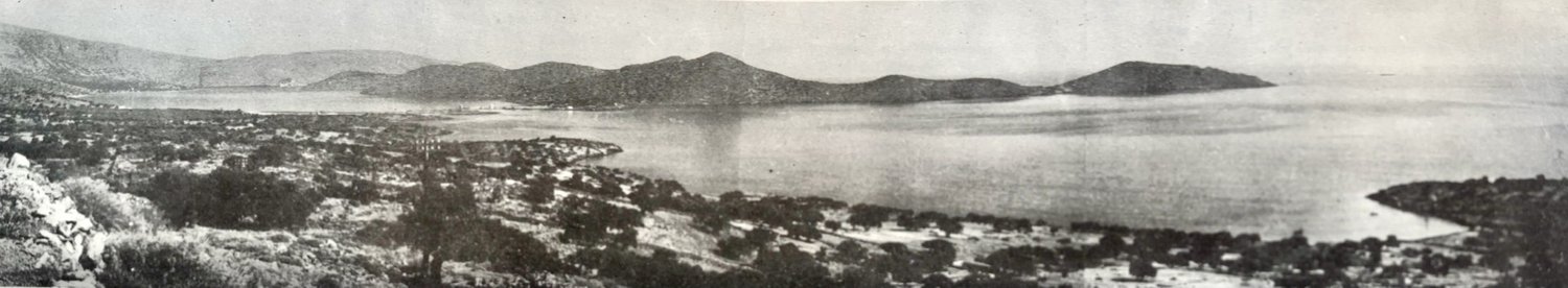 Banner photograph: the Elounda coast in 1964, before any of the hotels were built. Open farmland and saltpans curve toward Spinalonga in the distance.